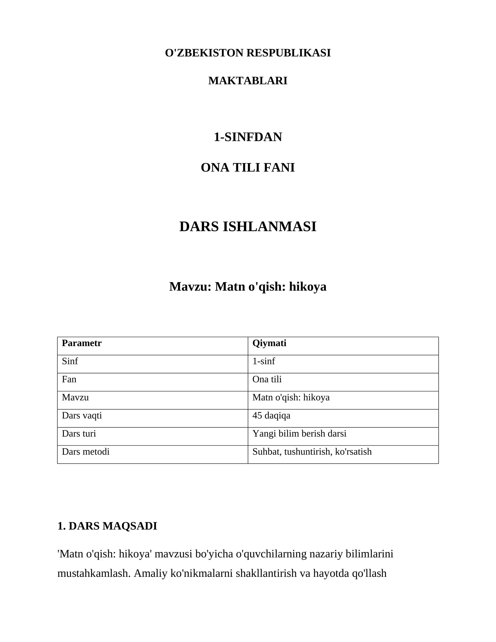 Matn o'qish: hikoya - Dars ishlanmasi